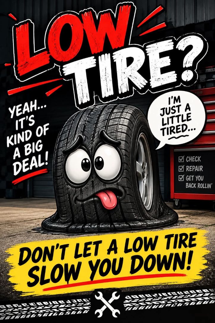 A cartoon flat tire with a face and the words Low tire?