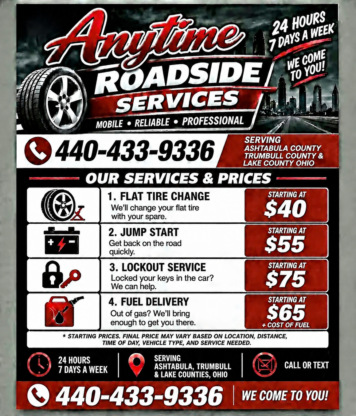 The Anytime Roadside Services flyer: flat tire change from $40, jump start from $55, lockout service from $75 and fuel delivery from $65 plus the cost of fuel, serving Ashtabula, Trumbull and Lake counties, Ohio. Call or text 440-433-9336.